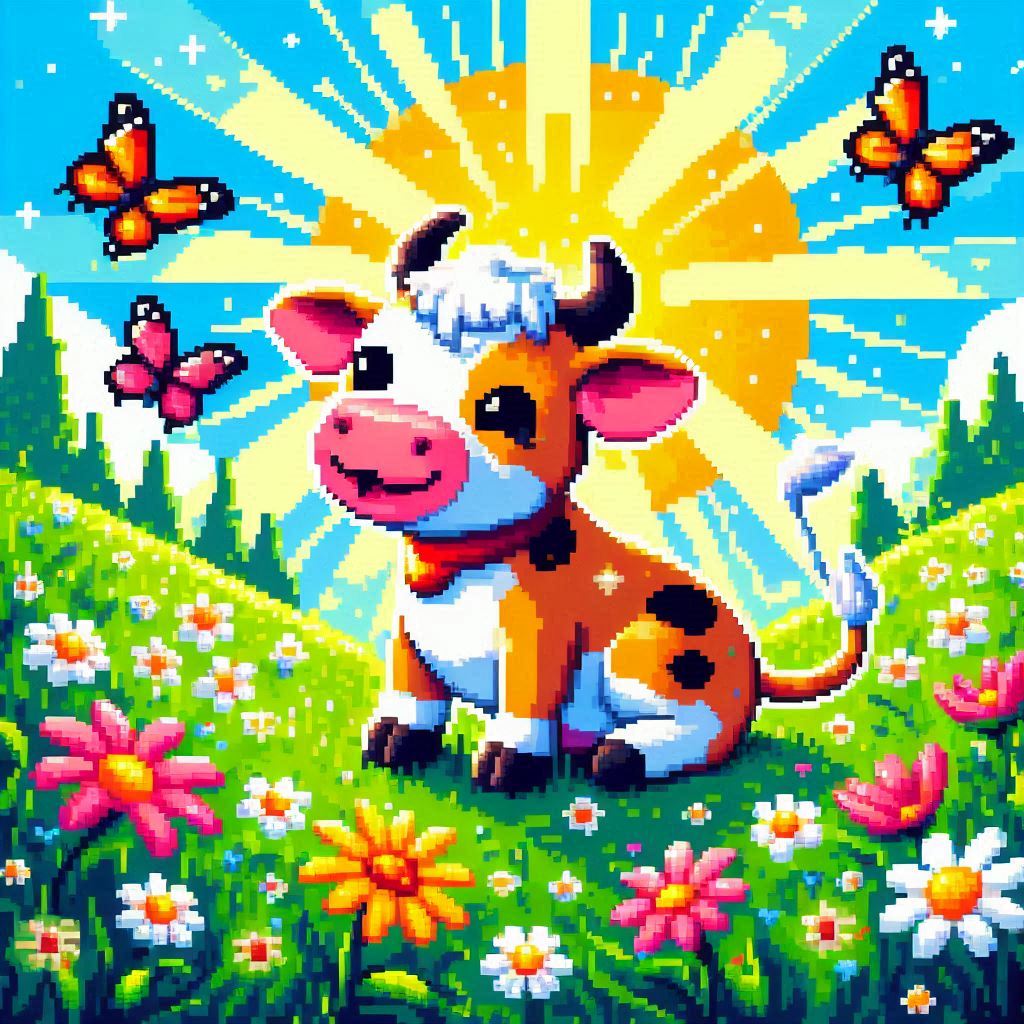 A cow in a pasture full of flowers and butterflies in a Pixel Art style